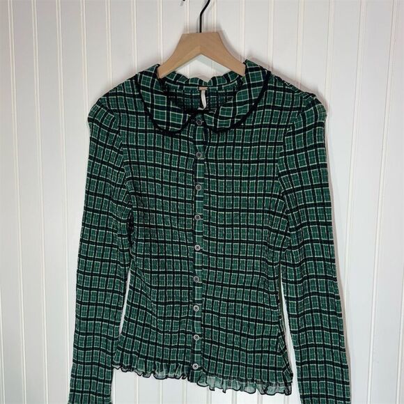 NWOT Free People Green Black Check Mesh Blouse Scallop Collar Top M Button Front - Picture 5 of 10